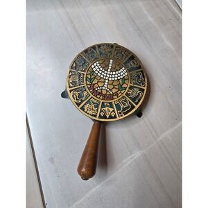 Vintage Israel Brass Cast Iron Trivet 12 Tribes of Israel Menorah Wooden  A5